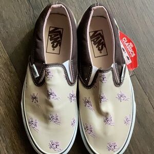 new Vans women’s Slip-On Sneakers - Cream and Brown with Purple Accents sz 7.5